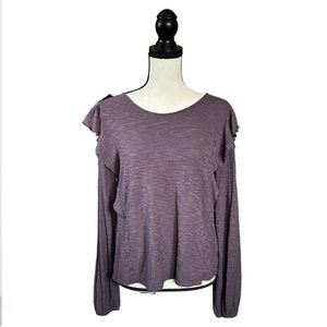 Garnet Hill Reia Ruffle-Shoulder Long Sleeve Tee Nightshade Purple Boho Chic M